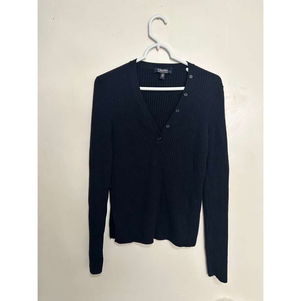 'S Max Mara Black Ribbed V Neck Button Up Long Sleeve Sweater Top L - Picture 8 of 14